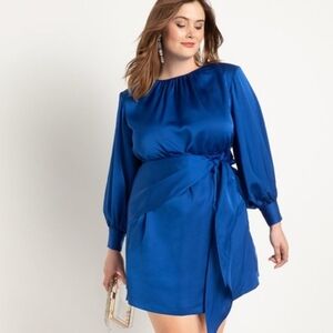 ELOQUII 80s Strong Shoulder Tie Waist Mini In To-die-for ROYAL Blue Satin 20
